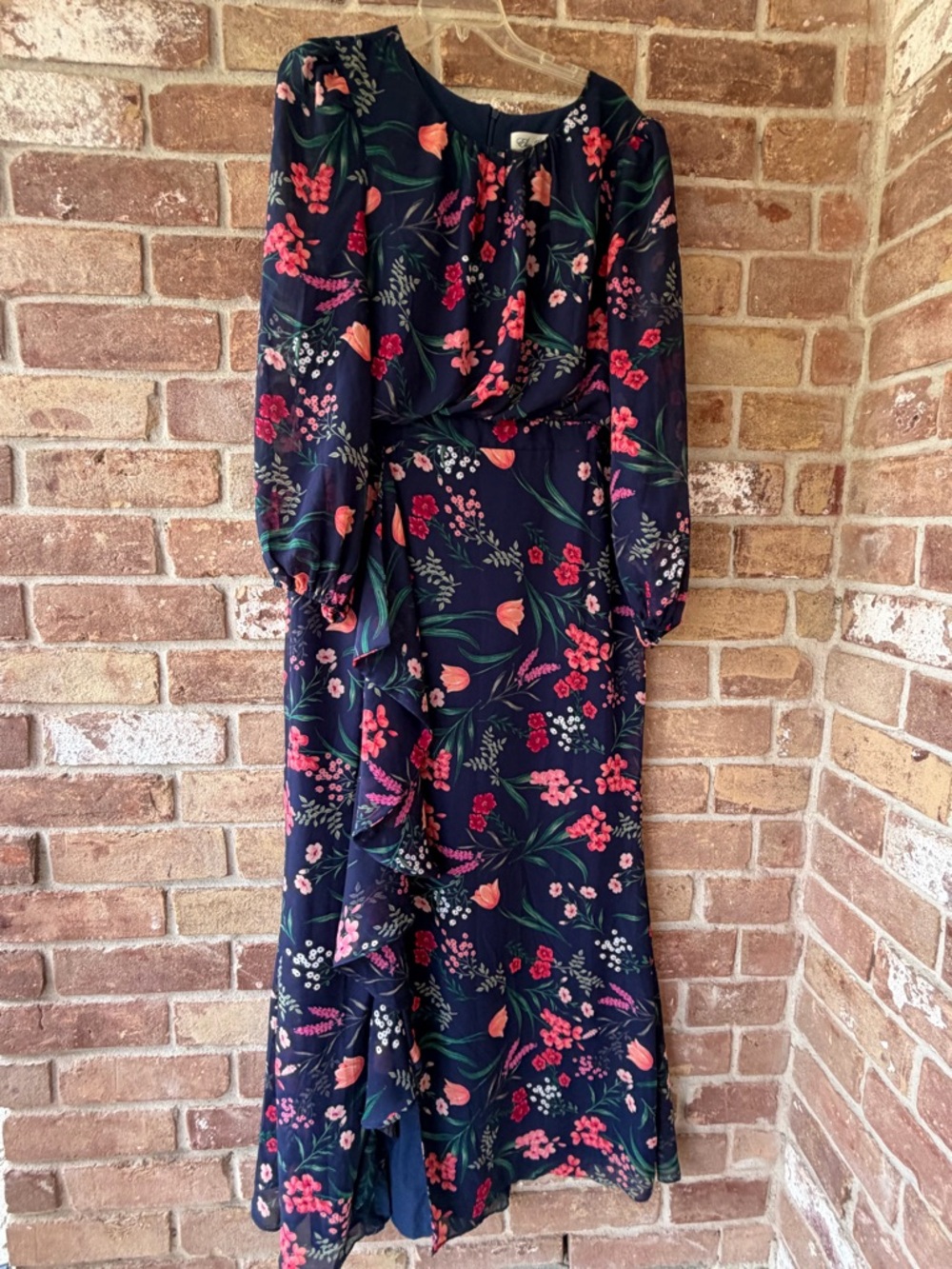 Eliza J Floral Cascade Ruffle Long Sleeve Dress